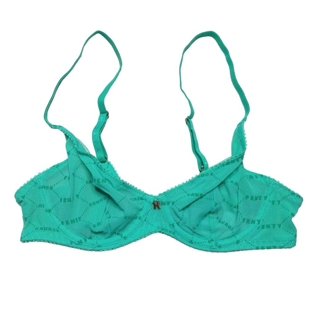 Savage X Fenty Flocked Logo Unlined Bra Green Lagoon Size 32B